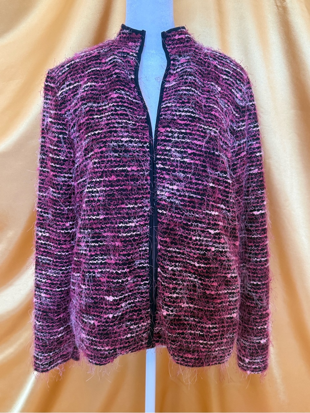 Easy Spirit Pink and Black Bouclé Open-Front Cardigan